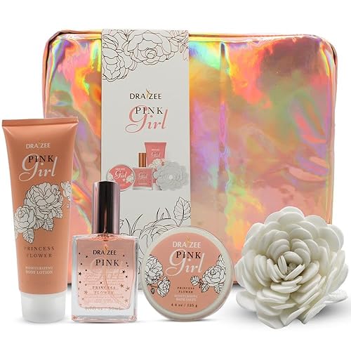 Draizee Cestas de regalo de spa de lujo para mujer, 5 piezas de flores de princesa perfumadas para baño y spa corporal, paquete de cuidado personal,
