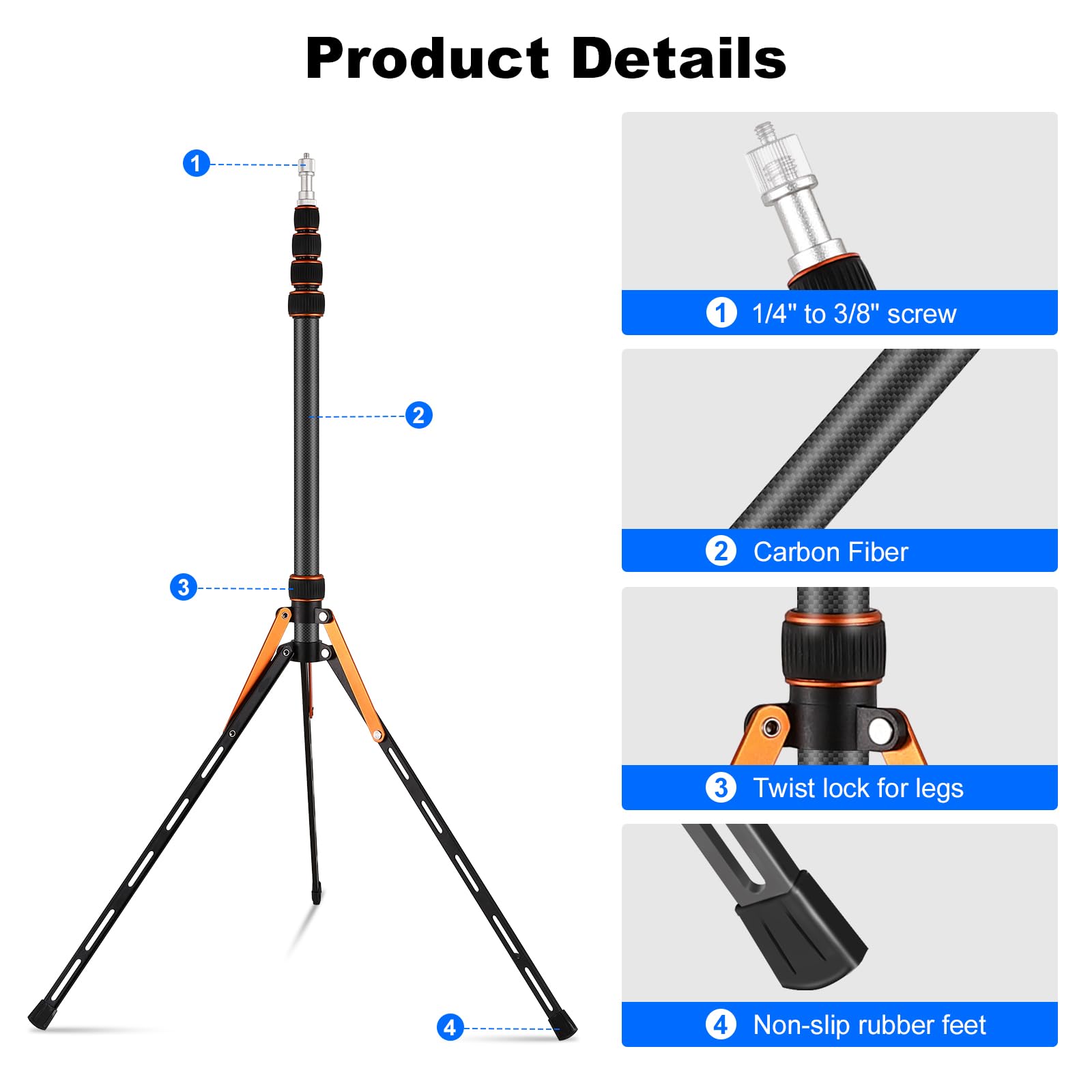 Soonpho 220cm Carbon Fibre Travel Light Stand Portable Photography Tripod Lightweight 86,5inch Photo Studio Tripod for Strobe Reflector Softbox Umbrella Video Shooting Background with Carrying Bag - Image 3