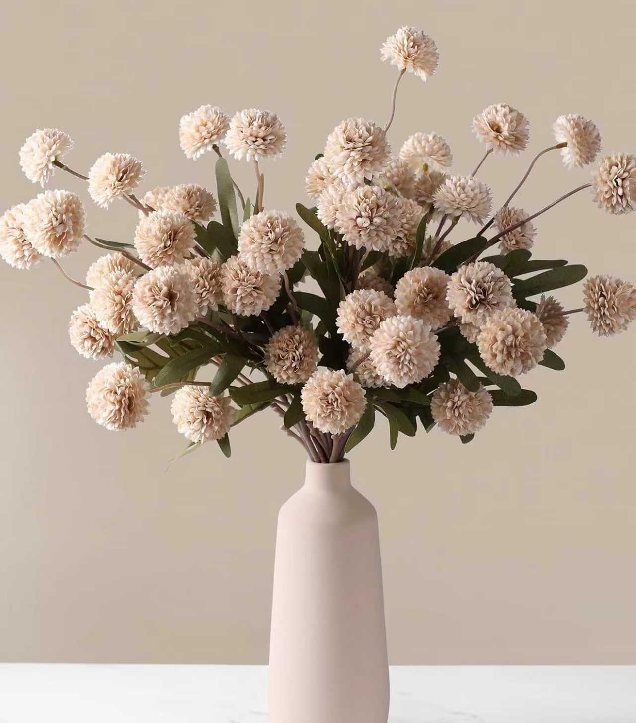 HNNFMY Beige Artificial Flowers 5PCS Long Stems Faux Silk Pompon Mums Flower Bulk, Silk Small Mini Chrysanthemum For DIY Champagne Wedding Centerpieces Floral Arrangements Vase Fillers — image 1