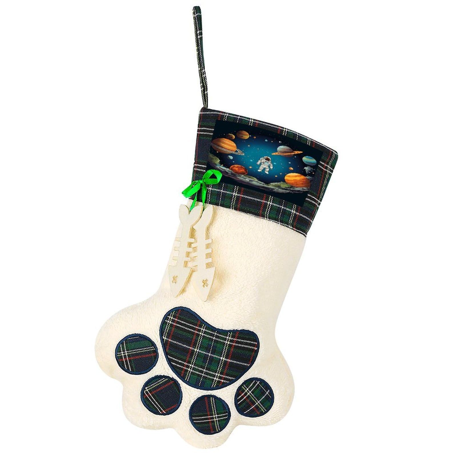 Outer Space Rocket Astronaut Dog Christmas Stocking,Custom Pet Paw Christmas Stockings Xmas Hanging Stockings Paw Shape Stocking for Xmas Tree Fireplace Hanging Christmas Party