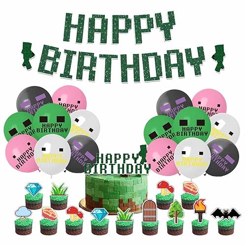 Decorazioni di compleanno Miner Palloncini Pixel Alles Gute zum Geburtstag Banner Cake Toppers Decorazione per feste di gioco