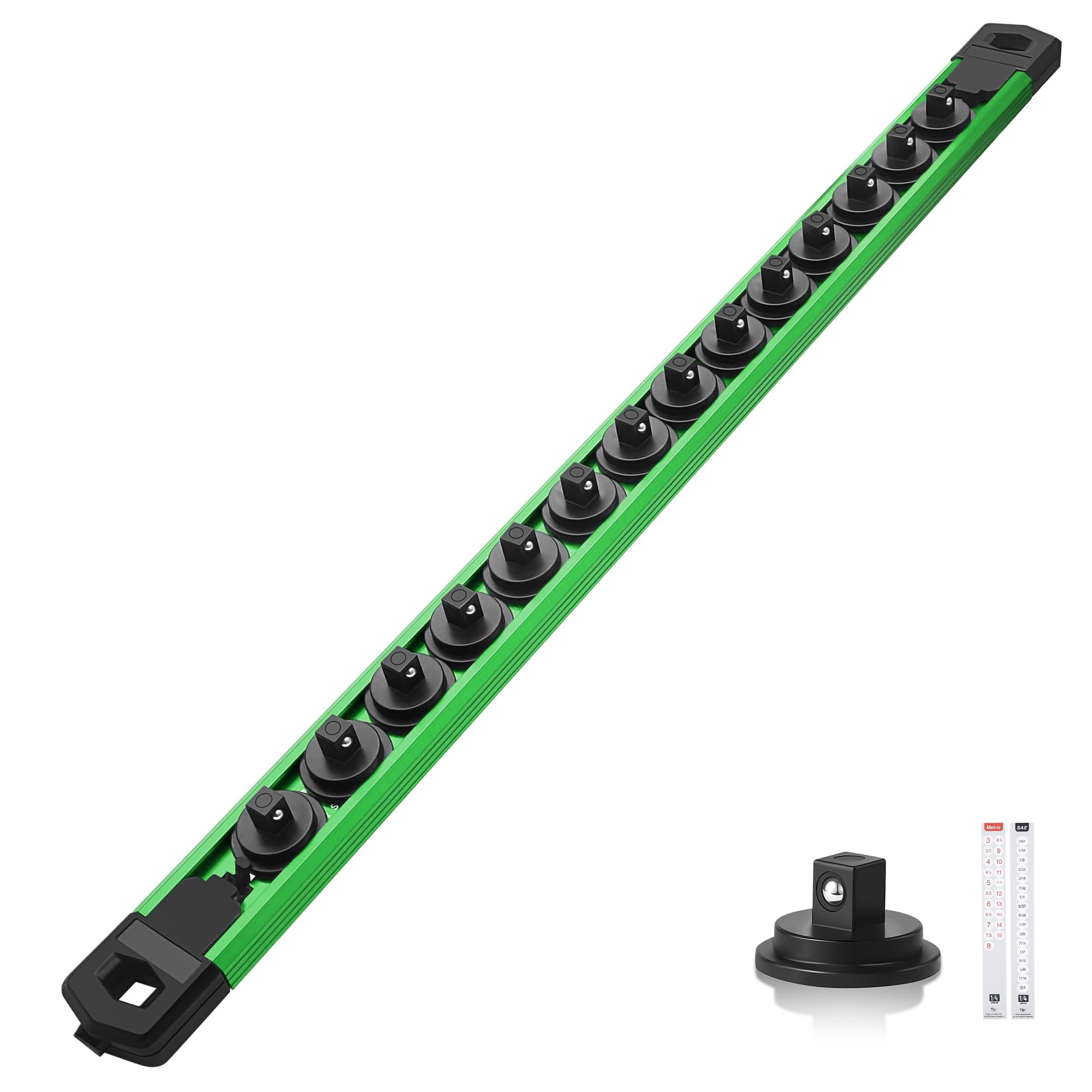 Reniteco Magnetic Socket Organizer, 1/4" Drive Aluminum Alloy Socket Rail, Heavy Duty Magnetic Socket Holder with 14PC 360° Swivel Removable Clips,