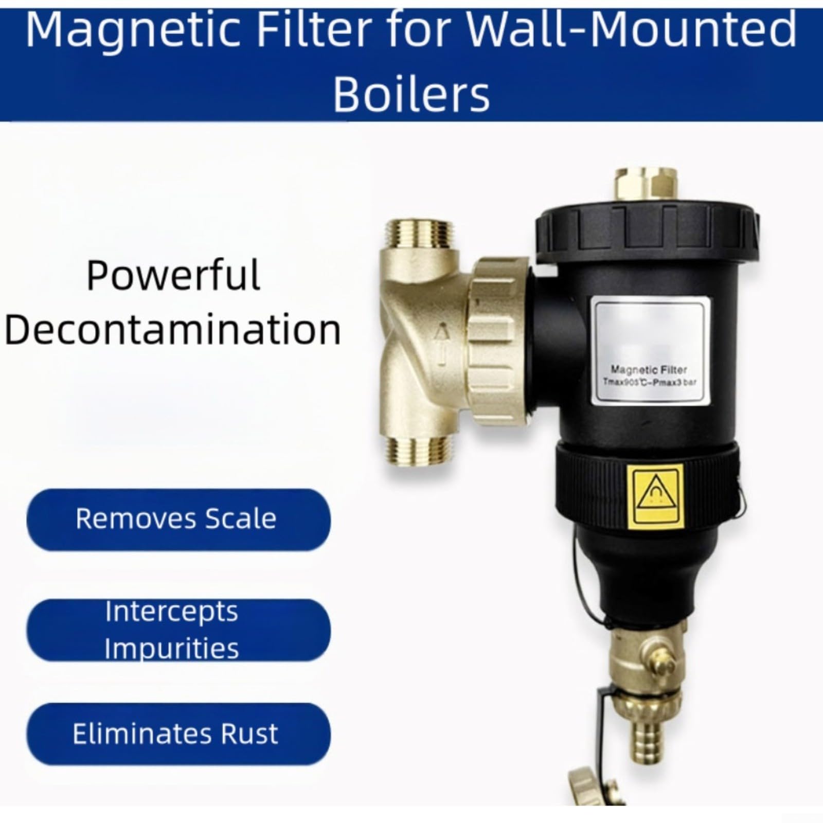 Separador de lodo central para calderas con filtro magnético, separador de suciedad DN20 DN25 DN32, filtración de 1 etapa contra óxido y cal, para sistemas HVAC (DN20/3/4 macho valve)
