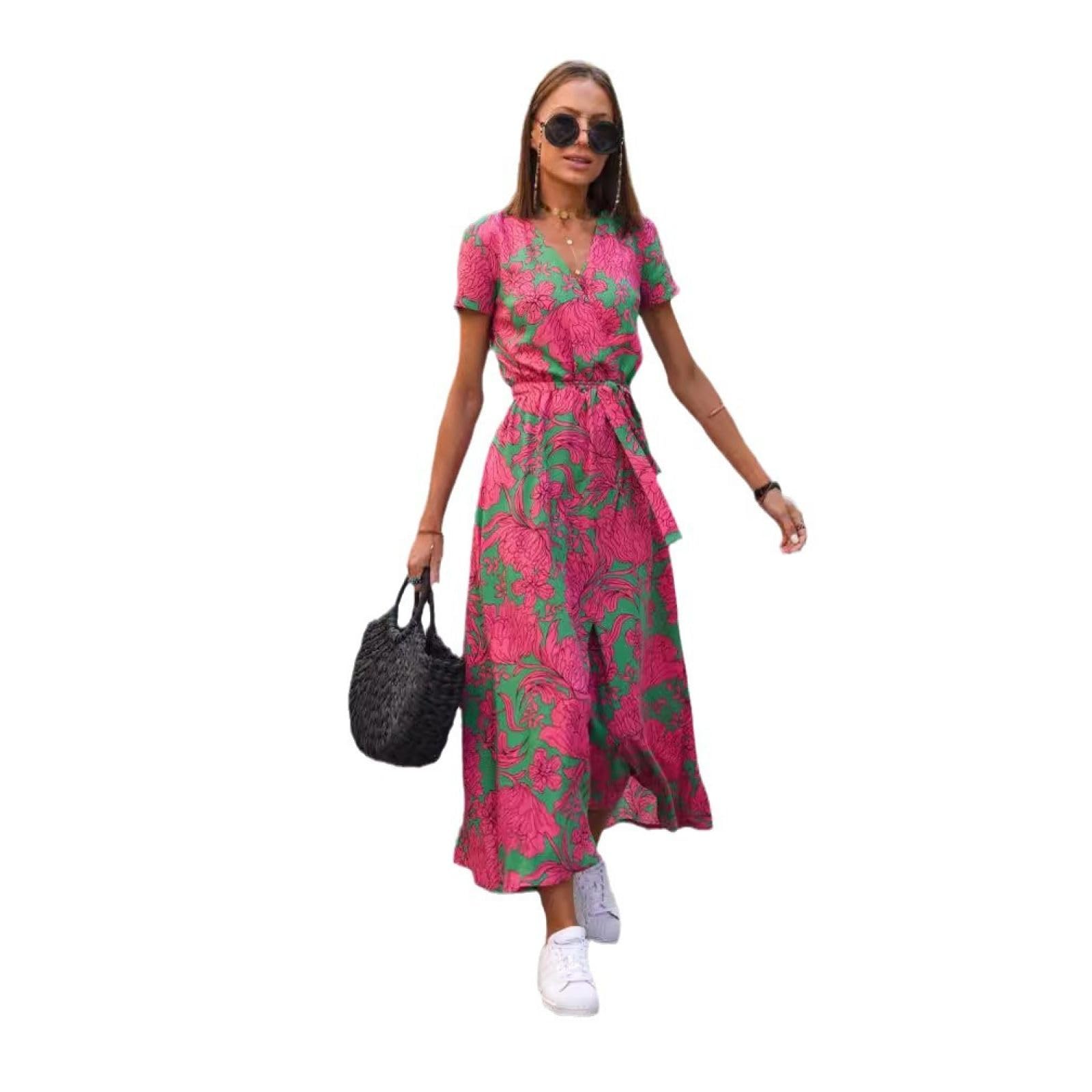 Women Dresses Summer Beach Swing Ladies Dresses Boho Flowy Long Maxi Dresses Ruffle Sleeve Smocked Elastic Waist Tiered Sundress
