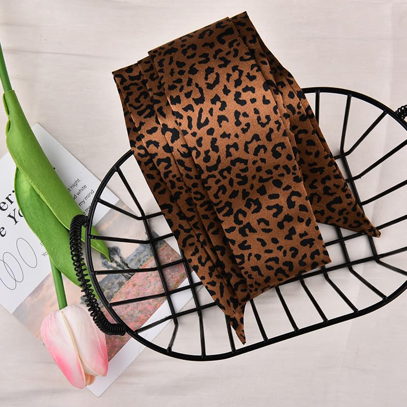 Leopard Print Skinny Tie for Women Hair Scarf Headband Leopard Silk Neck Scarf for Purse Bag Brown Long Thin Neckerchief Belt Slim Headband Long Head Scarfs4
