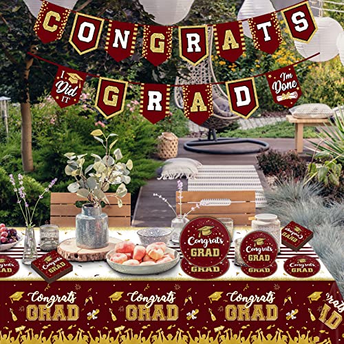 Image of Maroon and Gold Graduation Party Tableware Kit for 24 Guests Class of 2026 Graduates Decorations and Supplies with Congrats Grad Banner, Plates, Graduation Tablecloth, Napkins and More