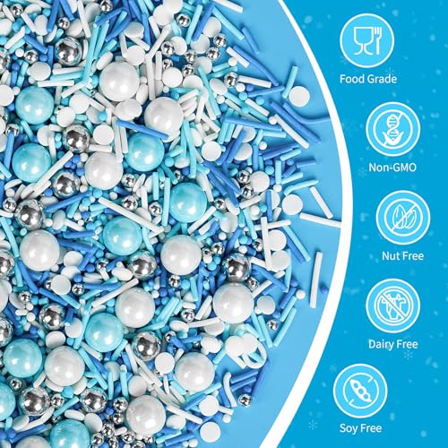 Image of Edible Blue Silver White Sprinkles,Winter Jimmies Pearls Mix,130g /4.58oz,Perfect for Cake Decorations,Cake and Cupcake Sprinkles with Assorted Shapes and Sizes for Parties Baking,Ice Cream,Cookies,Cupcake Topper,Baby Shower Party Decorating Supplies