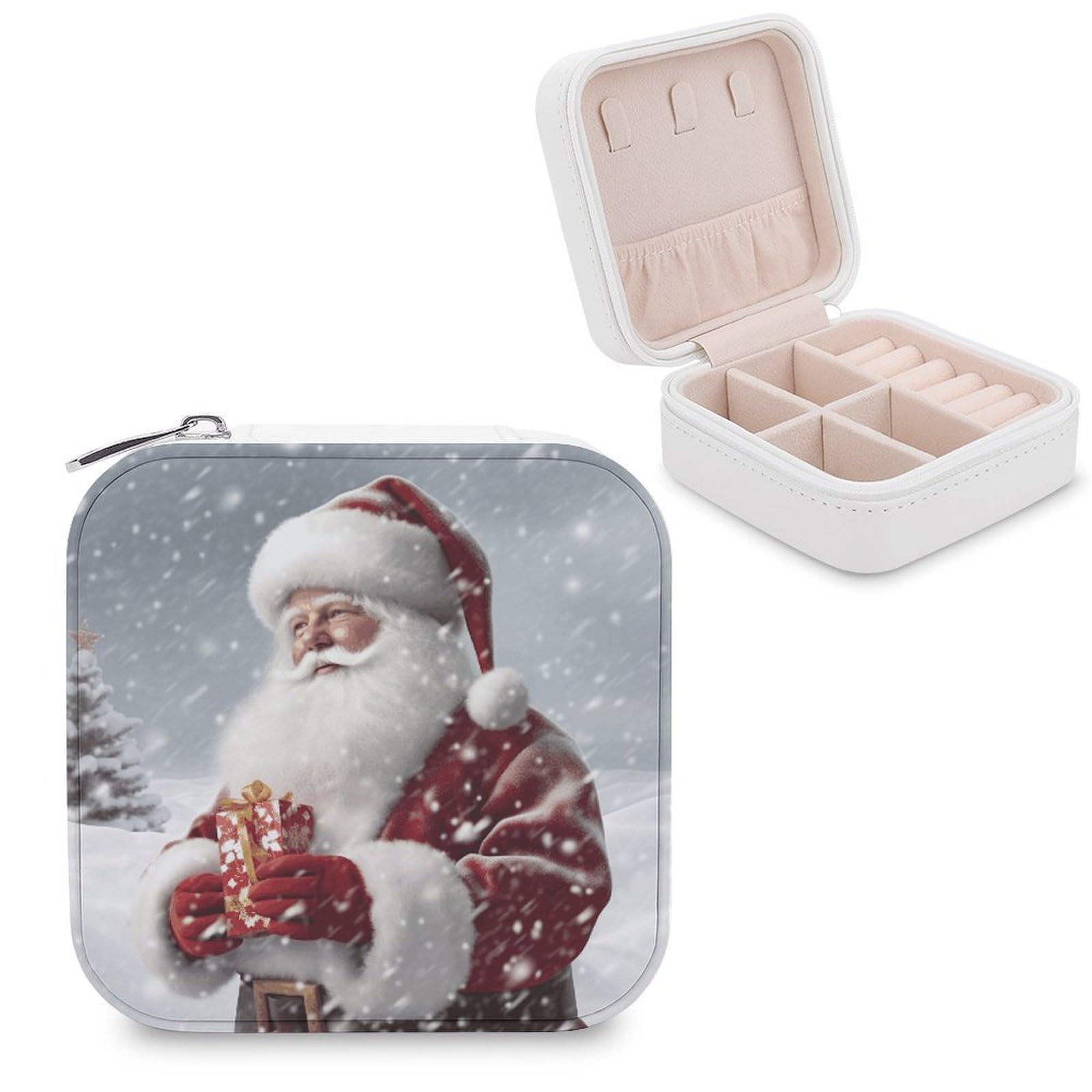 JTREHY Travel Santa Claus Snow Secenry Jewelry Case Portable Display Storage Box PU Leather Mini Jewelry Travel Case Personalized Travel Jewelry Organizer Small Jewelry Box for Women