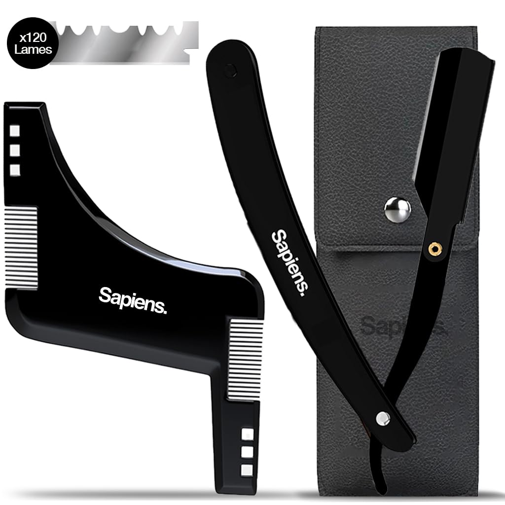 Sapiens Barbier Rasiermesser Set | Rasiermesser, 120 Rasierklingen, Transparentes Rasiergel, Feuchtigkeitspflege, Bartschablone Konturenführung