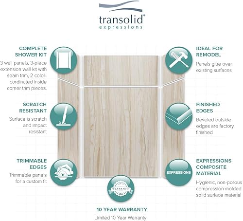 Miniatura 23 de Transolid EWKX483696-41 Expressions - Kit de pared de ducha de 6 paneles con extensión, 36 pulgadas de largo x 48 pulgadas de ancho x 96 pulgadas
