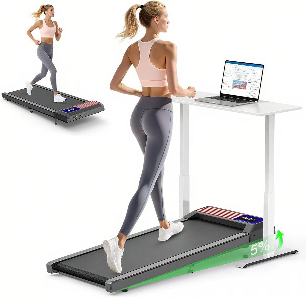 Walking Pad Treadmill with 5% Incline, Small Under Desk Treadmill for Home and Office, 2.5HP Compact Walking Jogging Running Machine with Zwift & Kinomap, Remote Control and LED Display, Red Blue