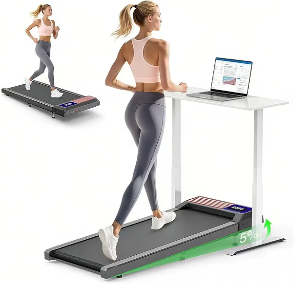 RJOP Walking Pad Treadmill with 5% Incline, Small Under Desk Treadmill for Home and Office, 2.5HP Compact Walking Jogging Running Machine with Zwift & Kinomap, Remote Control and LED Display, Red Blue