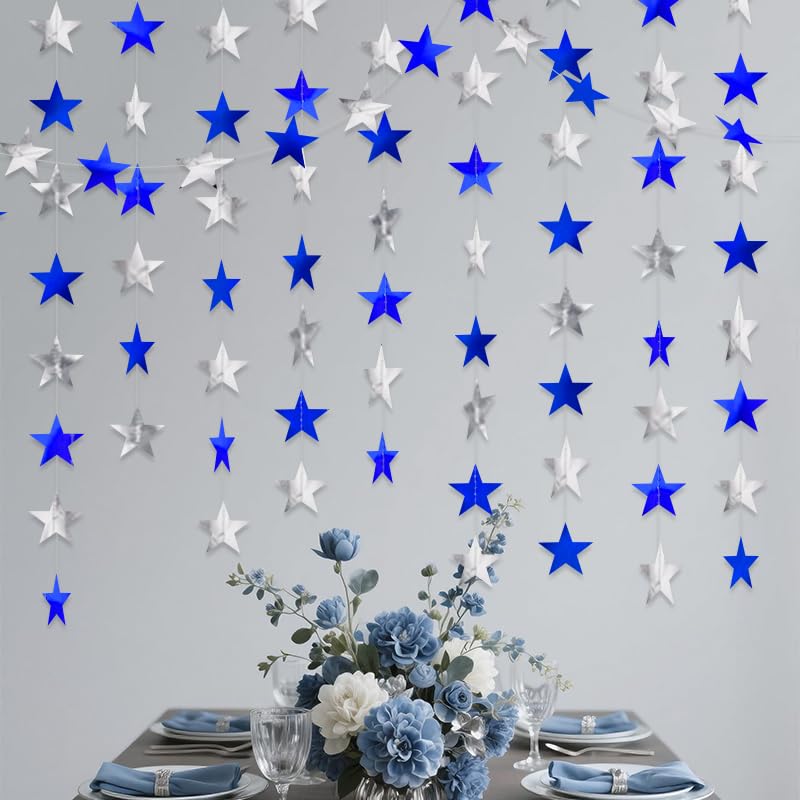 Image of Blue Silver Shining Star Hanging Garland Blue Silver Hanging Sparkling Star Streamer Bunting Banner Twinkle Backdrop for Wedding Baby Shower Birthday Christmas Decorations 40 Feet