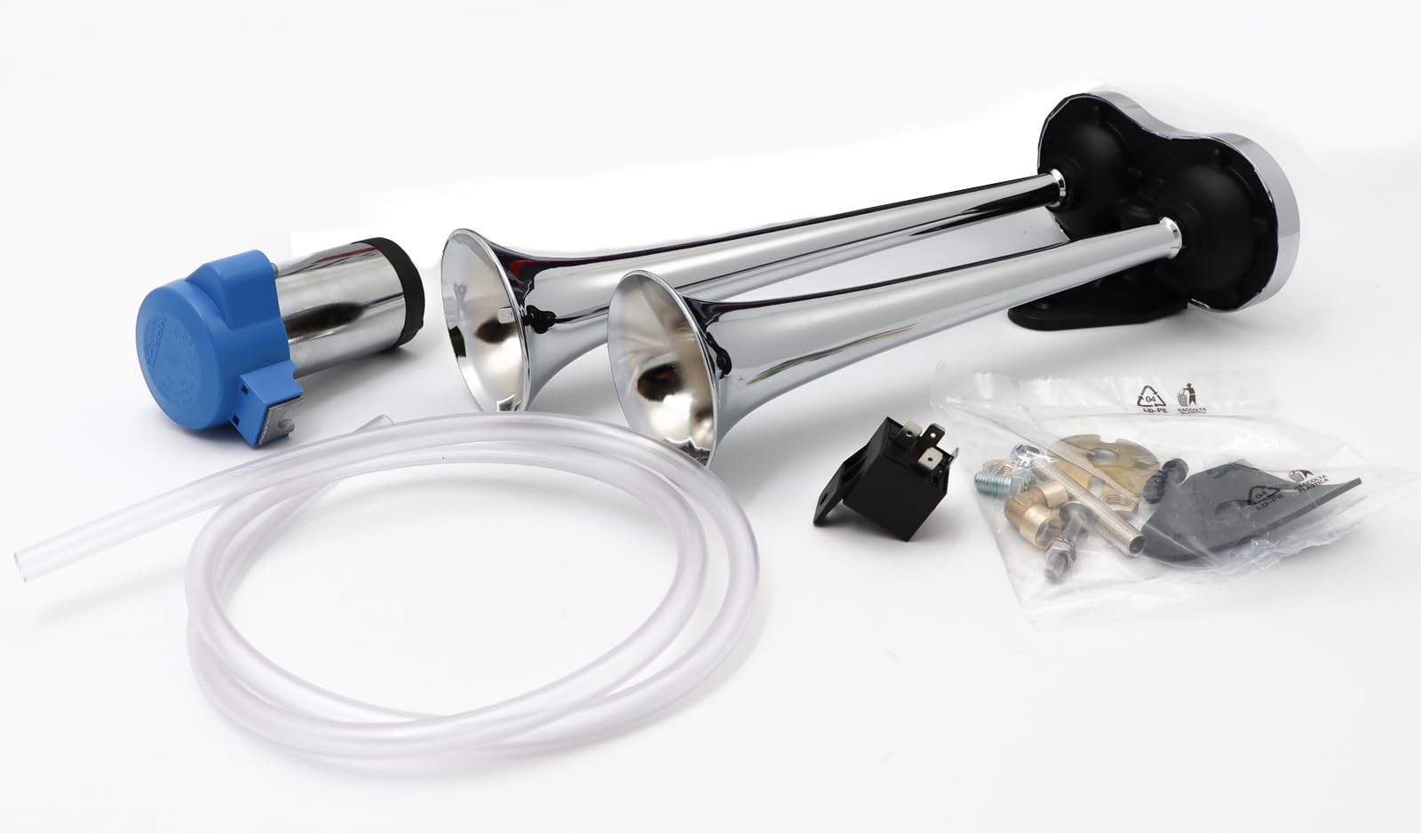 Marco Kompressor Doppelhorn in 12 Volt 35cm und 31cm lang (Trichter aus hochglanzverchromten Messing) inkl. Kompressor 1,0 bar für Transporter, Bus, PKW etc. 12V