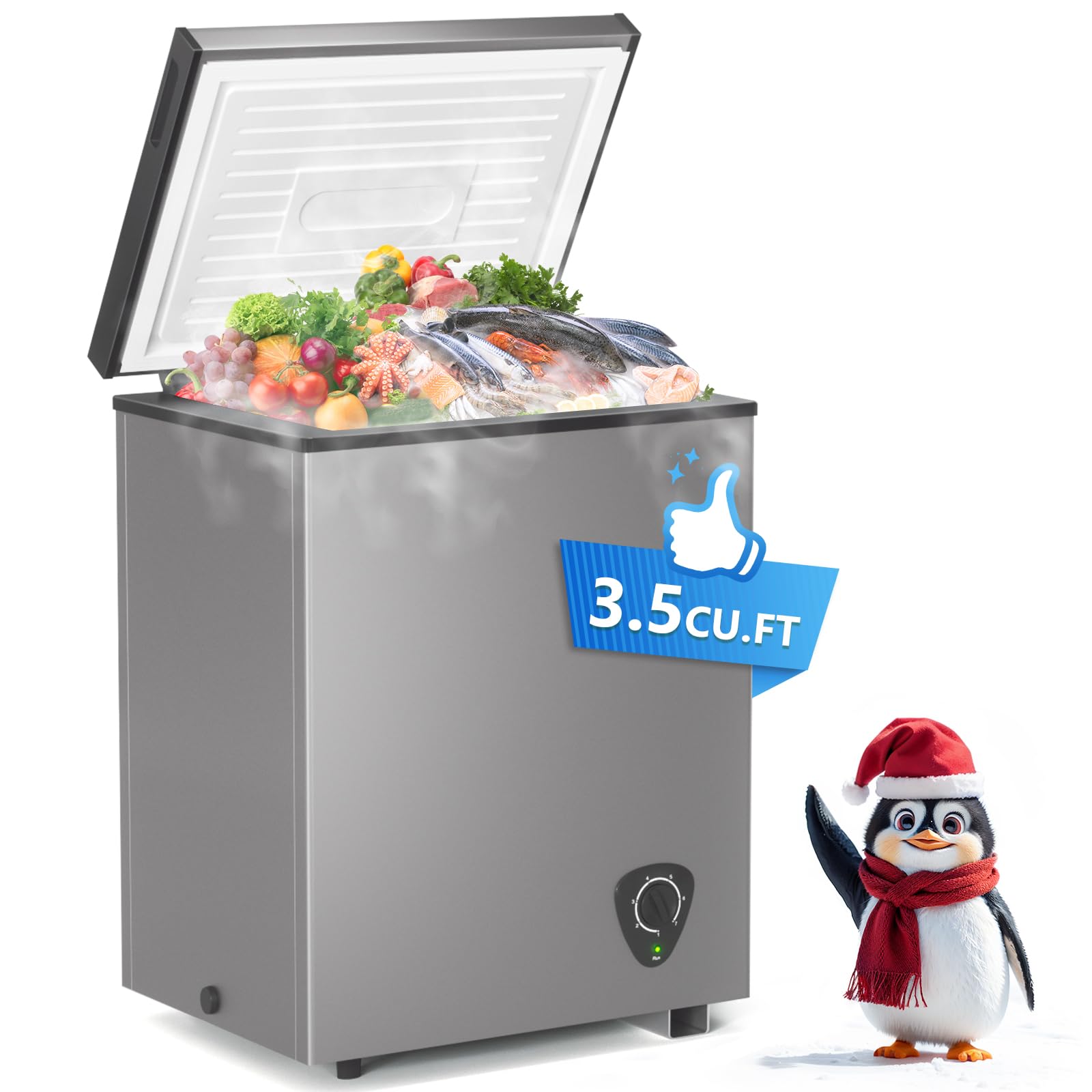 Congelador horizontal Lifeplus de 3,5 pies cúbicos, pequeño, compacto, con puerta superior abierta y cesta extraíble, control de temperatura de 7 °C, ahorro de energía, súper silencioso, ideal para cocina, oficina, apartamento, garaje, color gris.