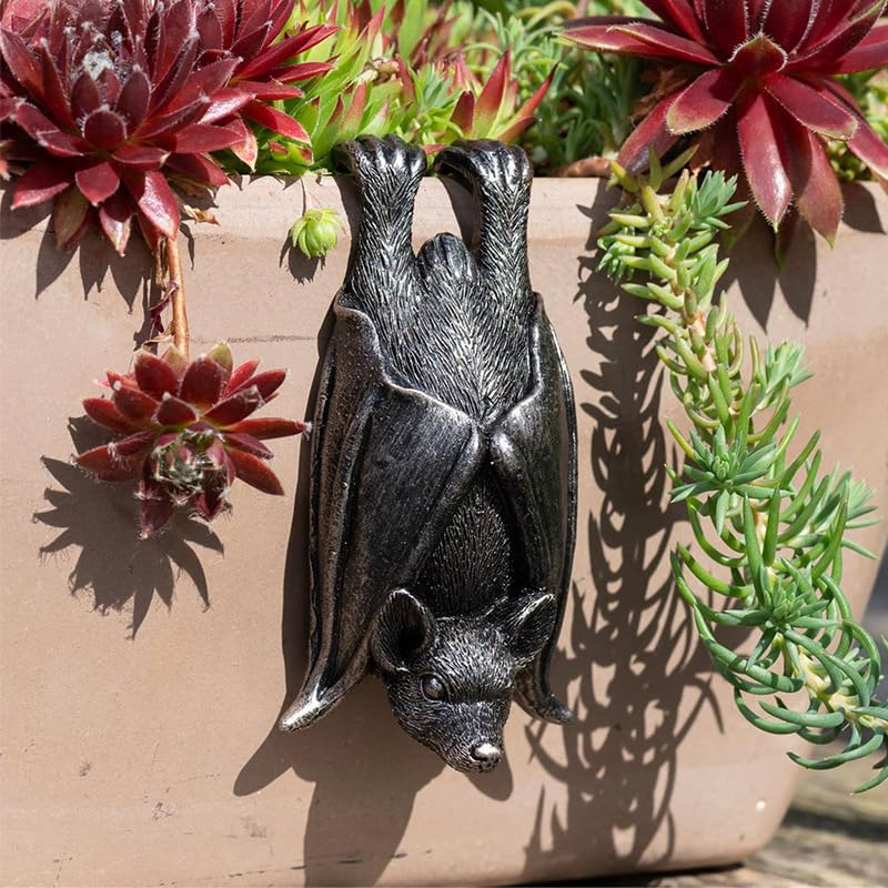 PEIQICHU Plant Pot Hanger Resin Statue Flower Pot Planter Hanging Decorative Bat Black Sculptures Outdoor Garden Lawn Ornaments Home Office Halloween Decoration (Bat) - Image 3