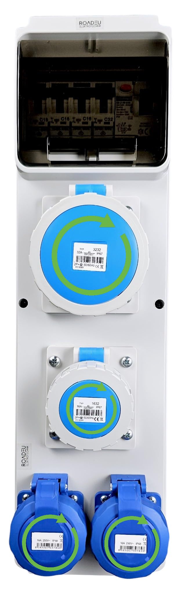 RoadEu Cuadro eléctrico 230V IP65 con diferencial 40A 30mA y magnetotérmicos | 1 toma CEE 32A, 1 CEE 16A y 2 Schuko | precableado para obra, taller y exterior