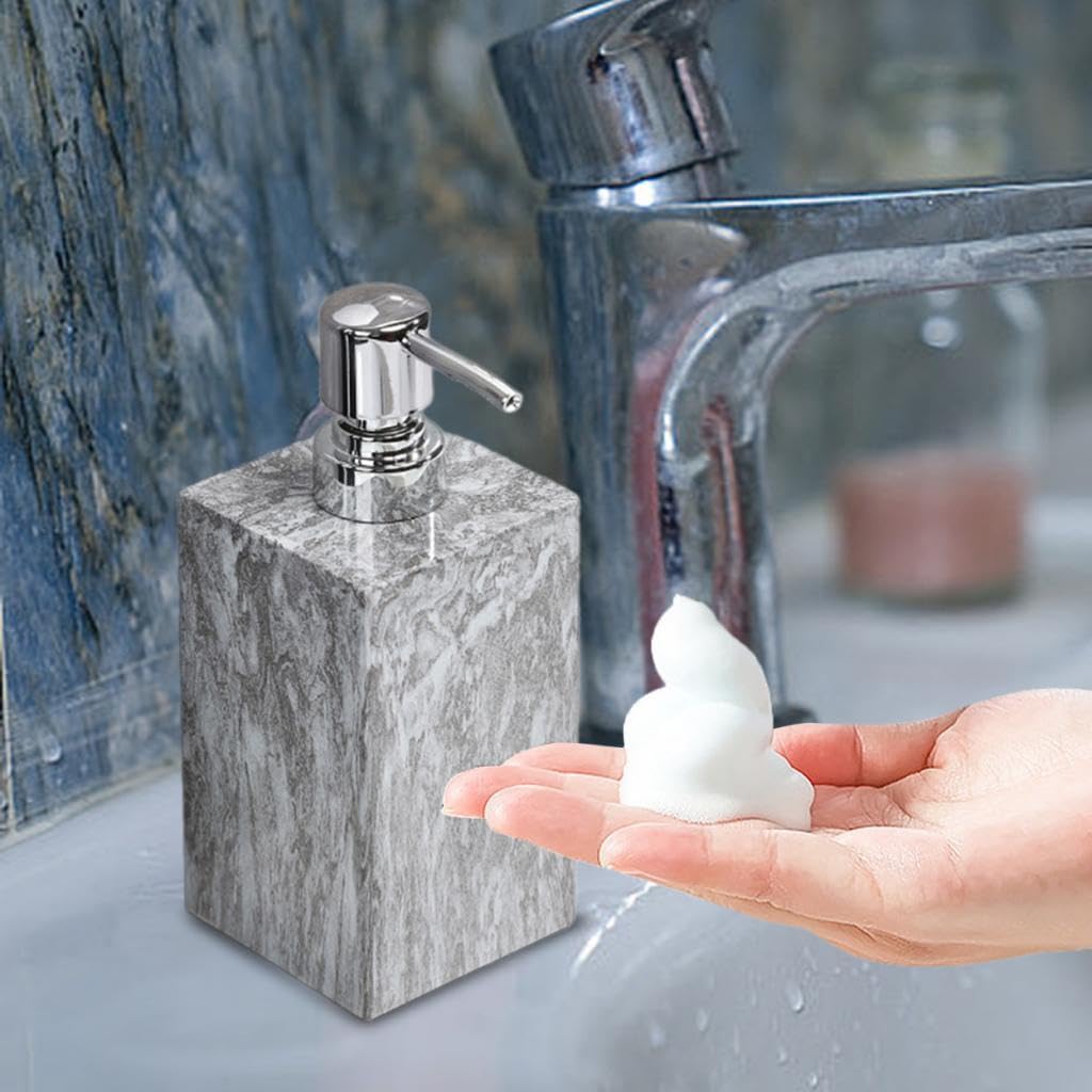 Dispenser di Sapone in Marmo con Pompa in Acciaio Inox, Elegante Contenitore per Lozione Antiruggine, Flacone Decorativo per Piano di Lavoro, Grigio