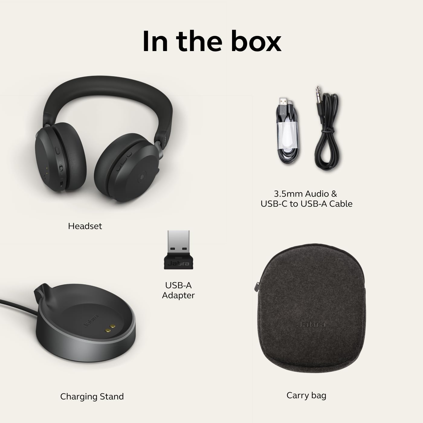 Jabra Evolve2 bezprzewodowy zestaw słuchawkowy 75 PC ze statywem ładującym i technologią 8-Mic, słuchawki stereo z podwójną pianką z zaawansowaną aktywną redukcją szumów, adapter USB-C Bluetooth i