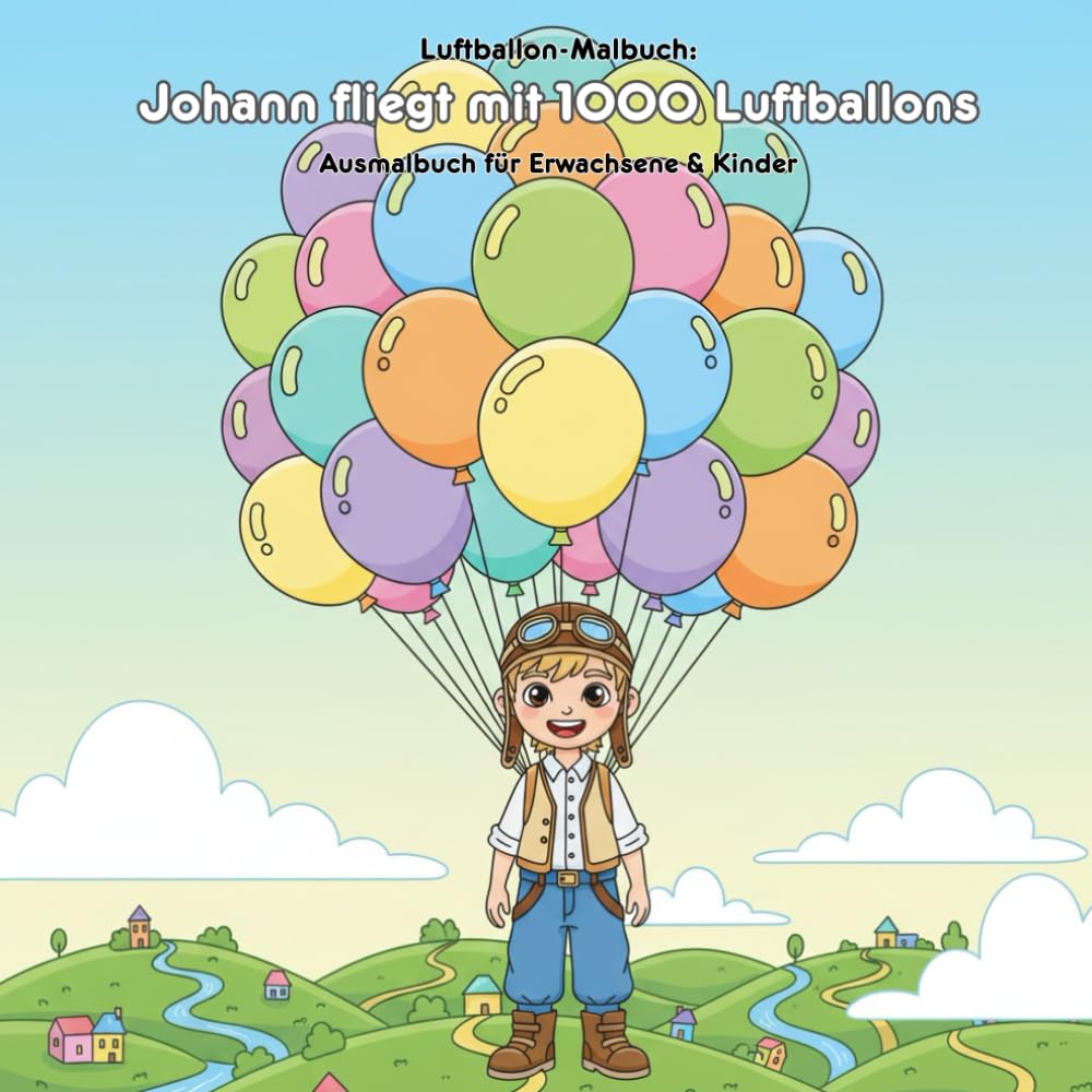 Johann fliegt mit 1000 Luftballons - Geschichte und Malbuch: Für Erwachsene & Kinder: 36 Ausmalbilder 21.59 x 21.59 cm - Große Motive für kleine Künstler und eine spannende Geschichte