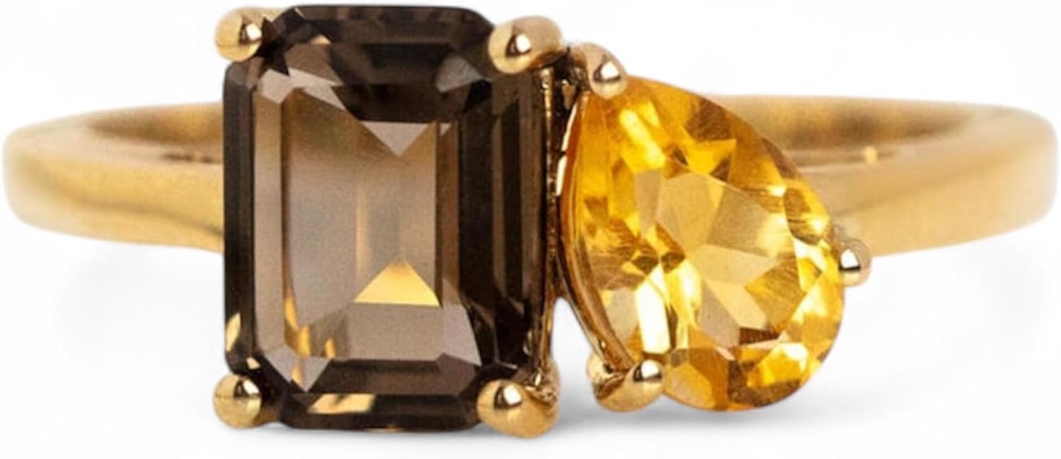 Emerald Cut Smoky Quartz and Pear Citrine Engagement Ring 18K Yellow Gold Modern Two Stone Engagement Statement Ring for Women Anniversary Birthday Gift Fine Jewelry