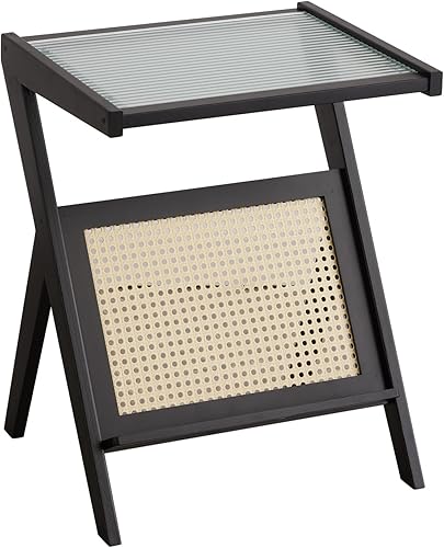 Mesa auxiliar negra, mesas auxiliares de madera de bambú para sala de estar, dormitorio, mesa de sofá con panel ondulado acrílico para espacios