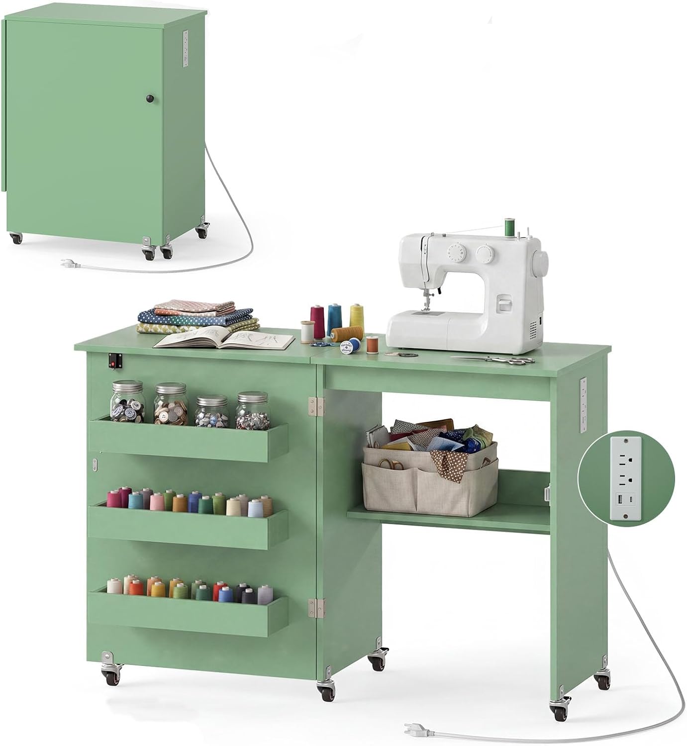Moccha Folding Sewing Table with Charging Station, Lockable Casters