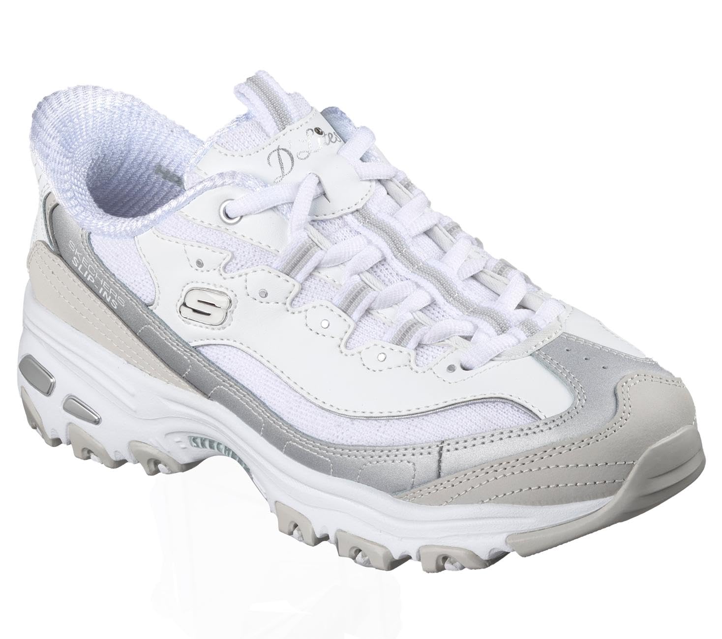 Skechers Women's D'Lites Smooth Nostalgia Slip-in Trainers, White Leather/Duraleather/Mesh/Silver Trim, 8 UK