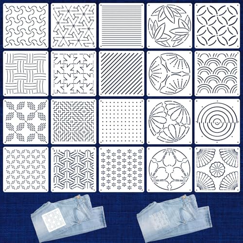 20 Pcs Sashiko Stencils 5.1 x 5.1 Inch Plastic Sashiko Template Pattern Geometric Embroidery Stabilizers Drawing Line Template for Hand Quilting Sewing