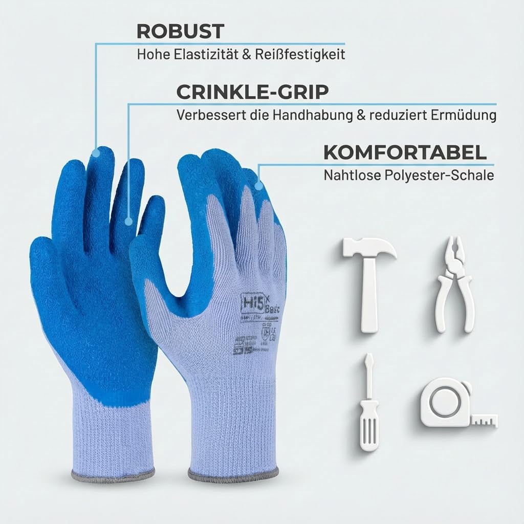 Hi5 X-Basic Arbeitshandschuhe – 10G Polyester – Latex Crinkle Grip – EN 388:2131X – ergonomisch & robust – blau (L, 120, stück)