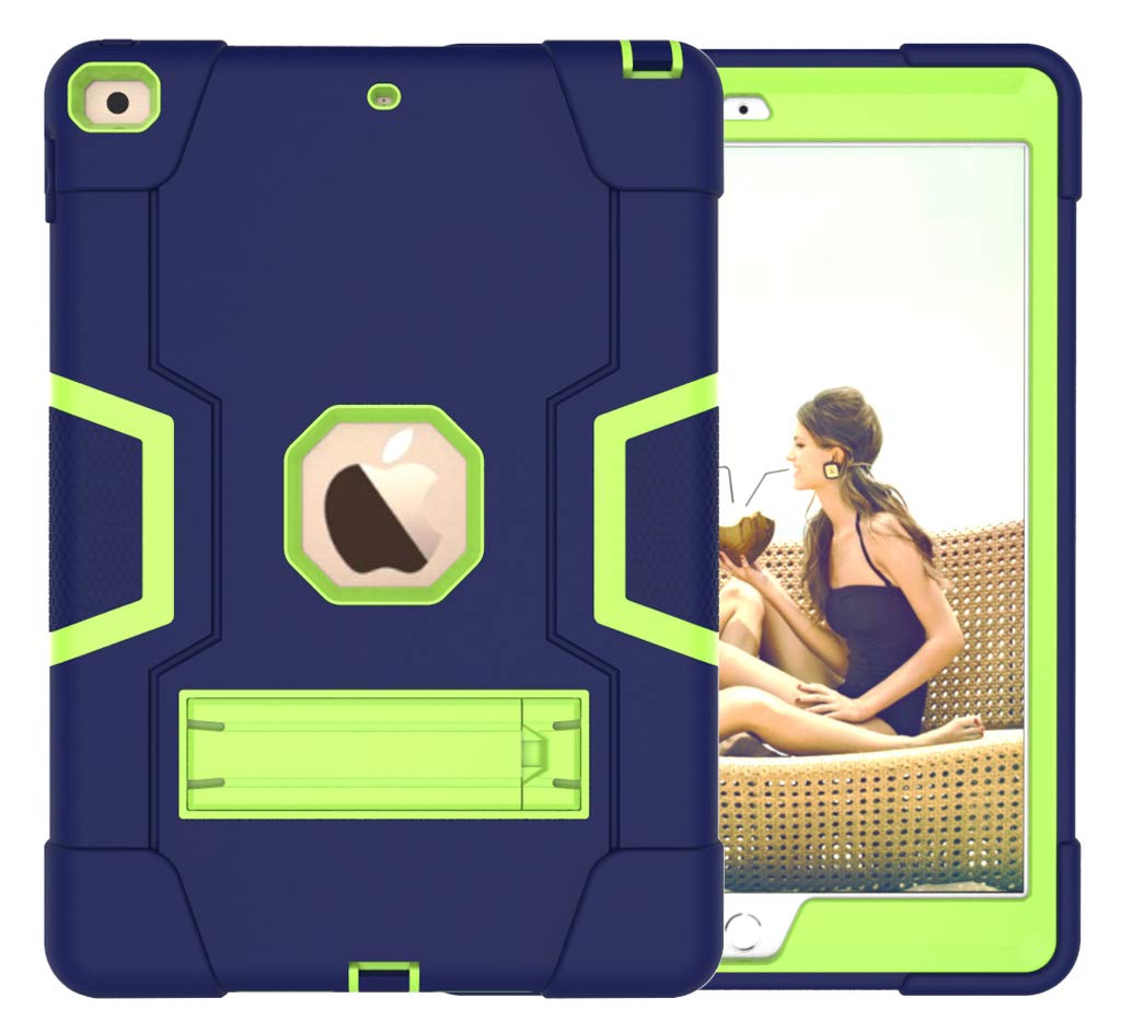 iPad iPad 6/Air2/Pro9.7 Generation Case with Kickstand, Durable Heavy Shockproof Hard Hybrid Three Layer Protective Cover iPad Tablet Silicone Case (Navy Blue + Green)