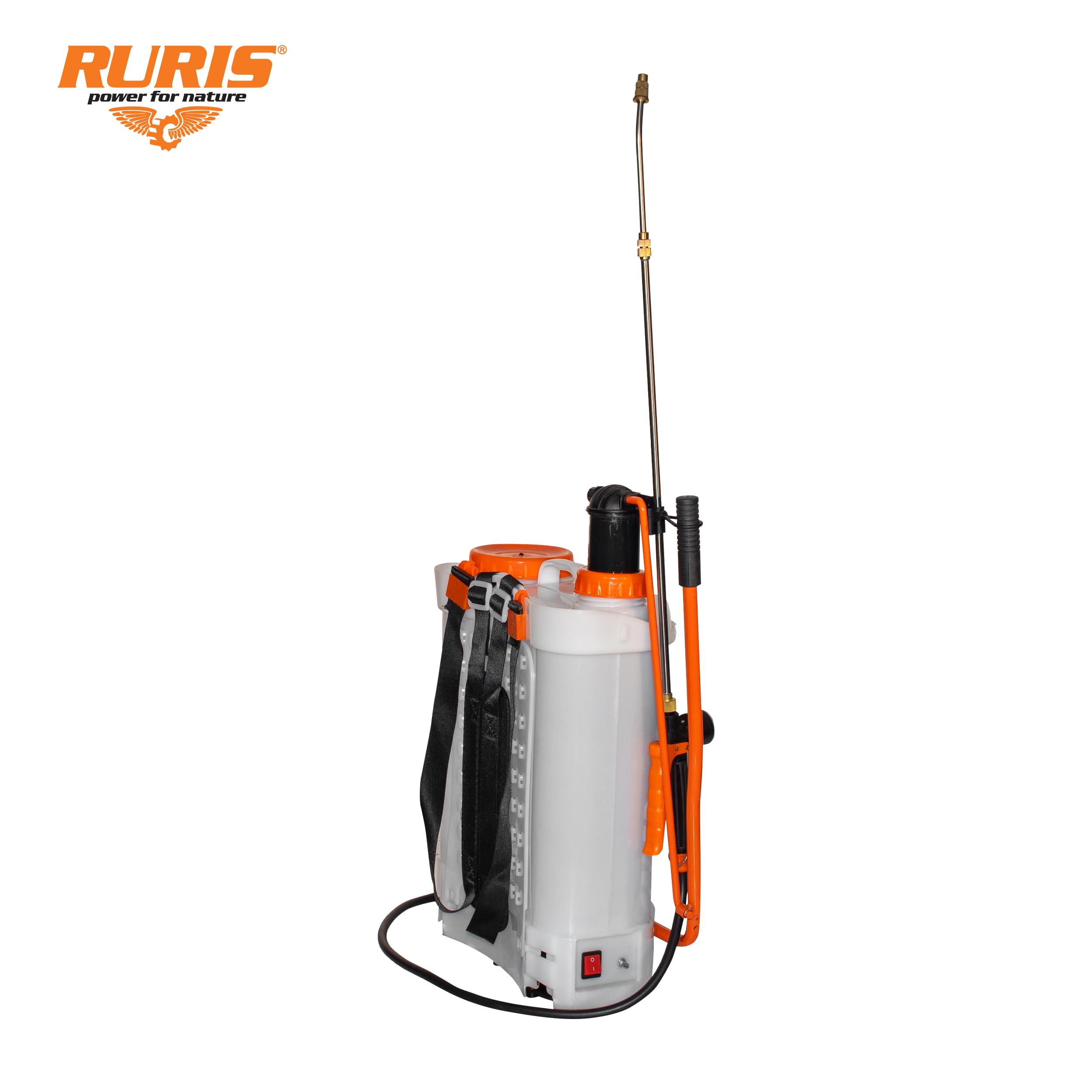 RURIS POWER FOR NATURE RS 2000 opryskiwacz elektryczny i ręczny, zbiornik 20 l, akumulator 12 V 8 Ah, ciśnienie silnika 5,5 bara, ładowarka w zestawie, pomarańczowy
