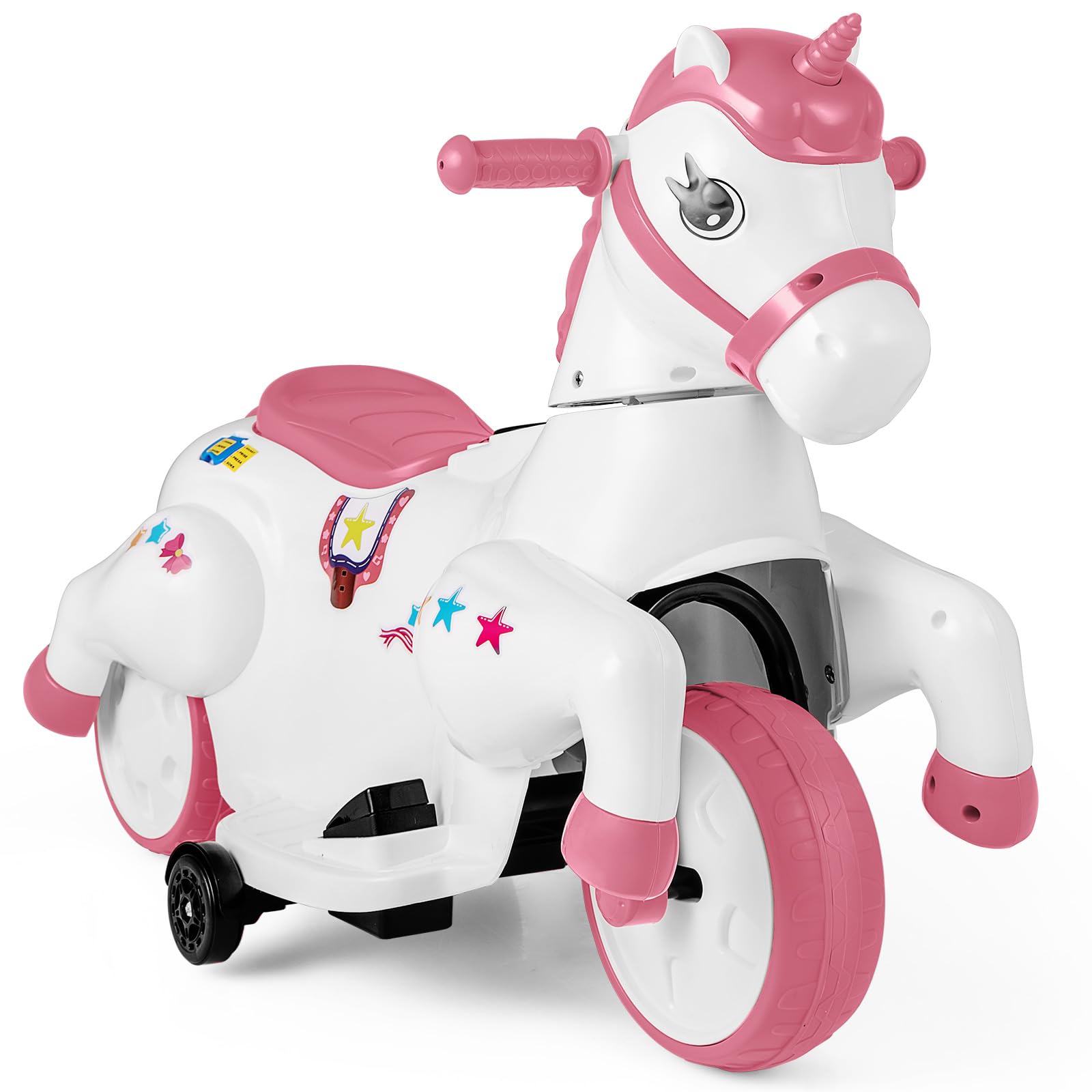 GYMAX Kids Electric Motorbike, 12V Ride on Unicorn with Training Wheels, Horse Riding Mode and Music, Children Motorcycle for Girls Boys (Pink+White)