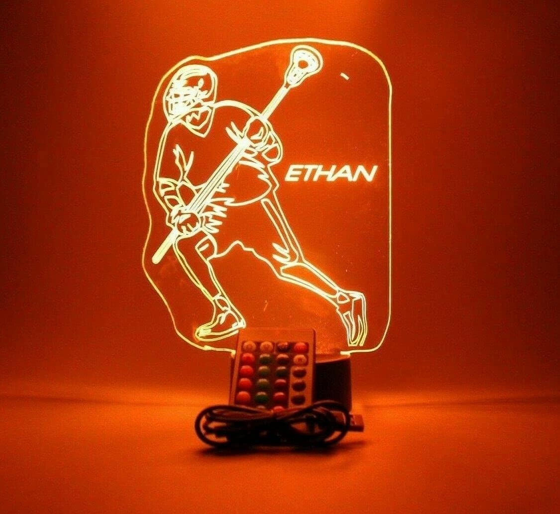 Lacrosse Player Night Light Up Table Lamp Sports LED Engraved Custom Name Personalized Energy Efficient Home Decor Ideal for Any Room or Hallway With Remote, 16 Color Options, It's WOW, Great Gift