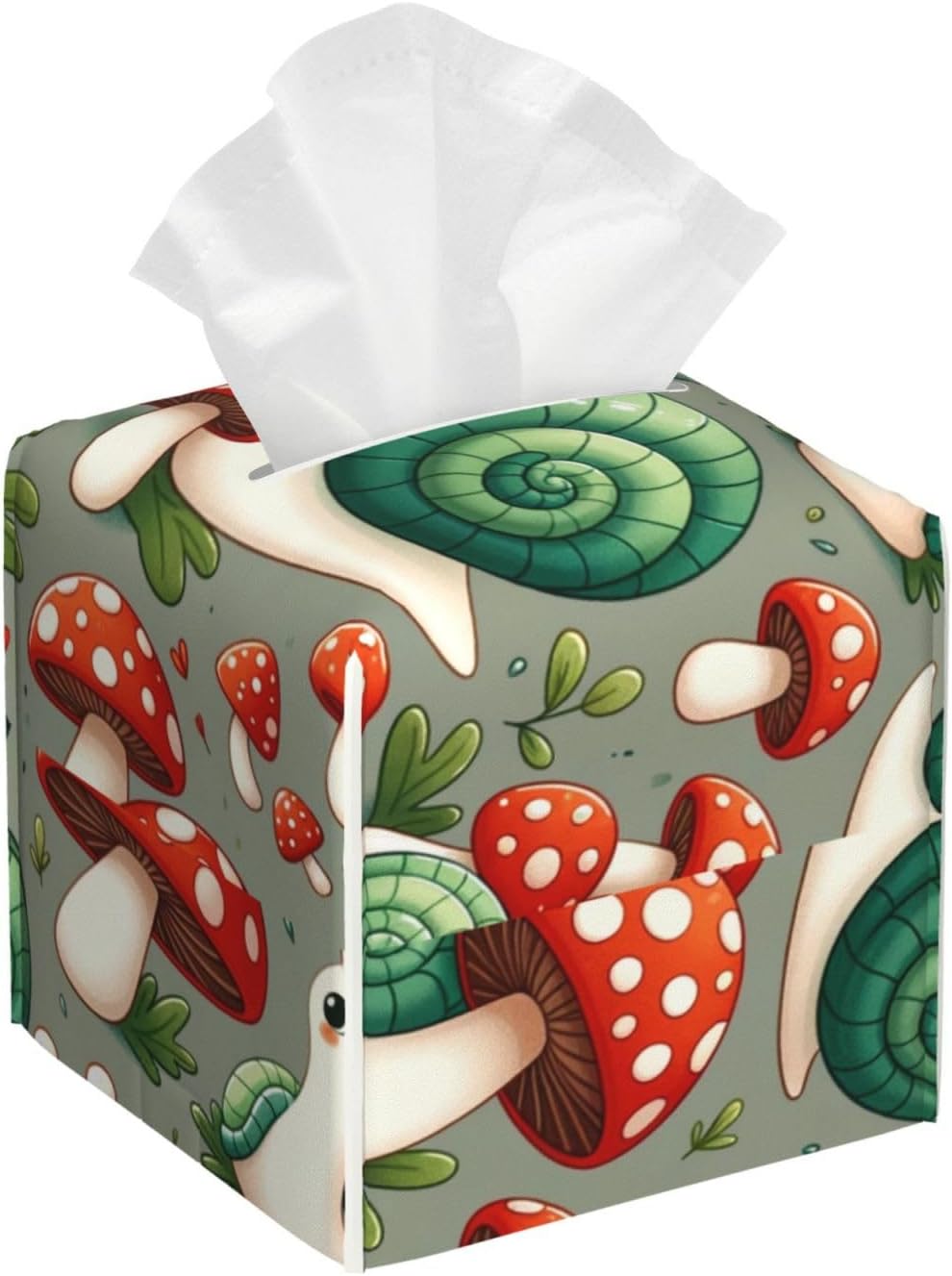 Premium Double-Sided PVC Leather Tissue Holder Snails-Mushrooms-Pattern Napkin Facial Tissue Box Dispenser
