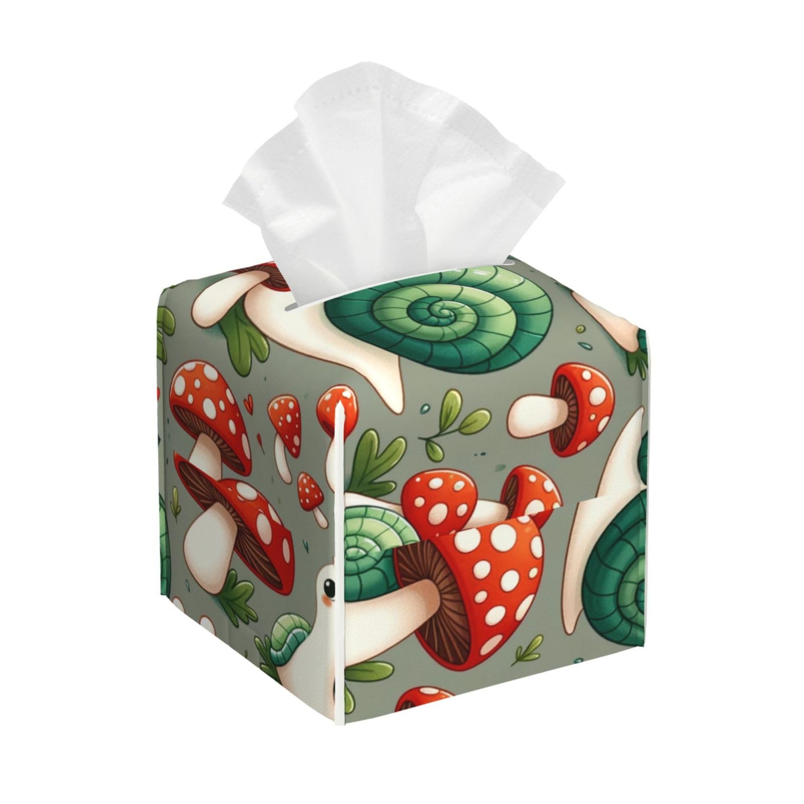 Premium Double-Sided PVC Leather Tissue Holder Snails-Mushrooms-Pattern Napkin Facial Tissue Box Dispenser