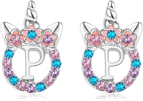 TRWWELL Cute Silver Initial P Unicorn Hypoallergenic Stud Earrings Rhinstone Ini