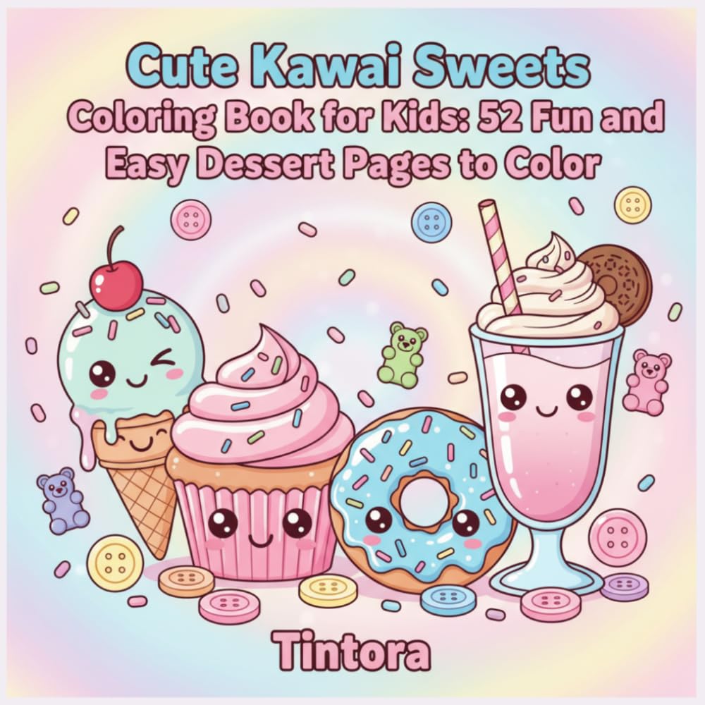 Cute Kawaii Sweets Coloring Book for Kids: 52 Fun and Easy Dessert Pages to Color: Adorable Coloring Pages Featuring Cupcakes, Ice Cream, Donuts, Candy and Sweet Treats for Ages 4–8