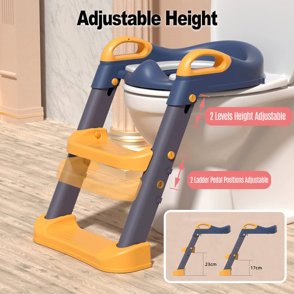 Wakects Sedile WC per Bambini con Splash Guard Anteriore, Riduttore WC Regolabile con Scaletta e Sgabello, Pad in PVC