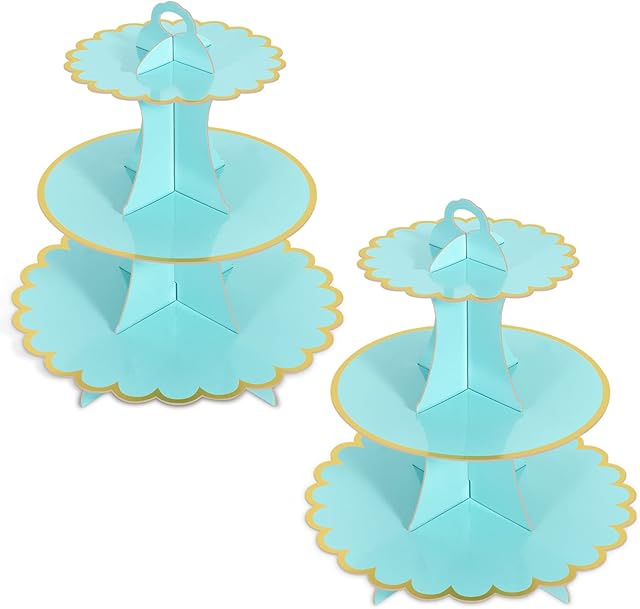 2 Pack Blue Cake Stand Cardboard Cupcake Stand 3 Tier Cupcake Cardboard Cake Stands for Afternoon Tea Cake Stand Cardboard 3 Tier Cake Stand 3 Tier Stands for Birthday,Wedding,Mother's Day,Baby Shower