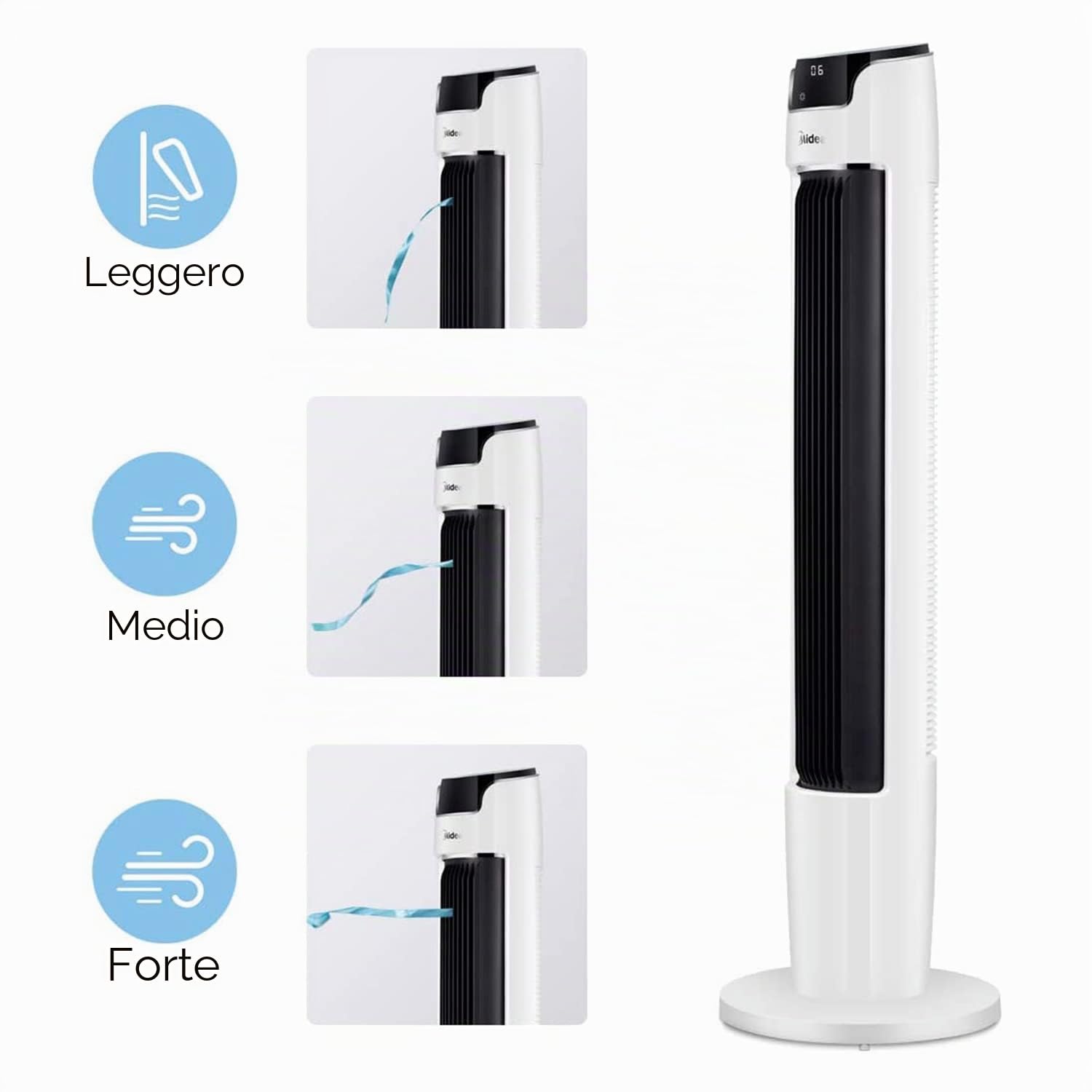 Midea FZ10-16AR Ventilatore a torre con telecomando, 110 cm, con oscillazione 60°, 6 livelli di velocità, 3 ventilazioni, timer 12H, bianco