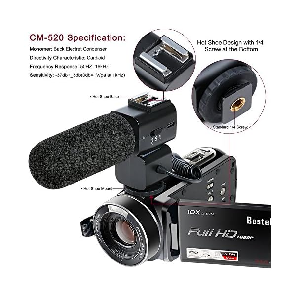 Kamera Camcorder, Besteker Full HD Videokamera 24MP 1080P 30FPS 3.0 inches Touchscreen 10X Optischer Zoom und 120X… – Bild 3