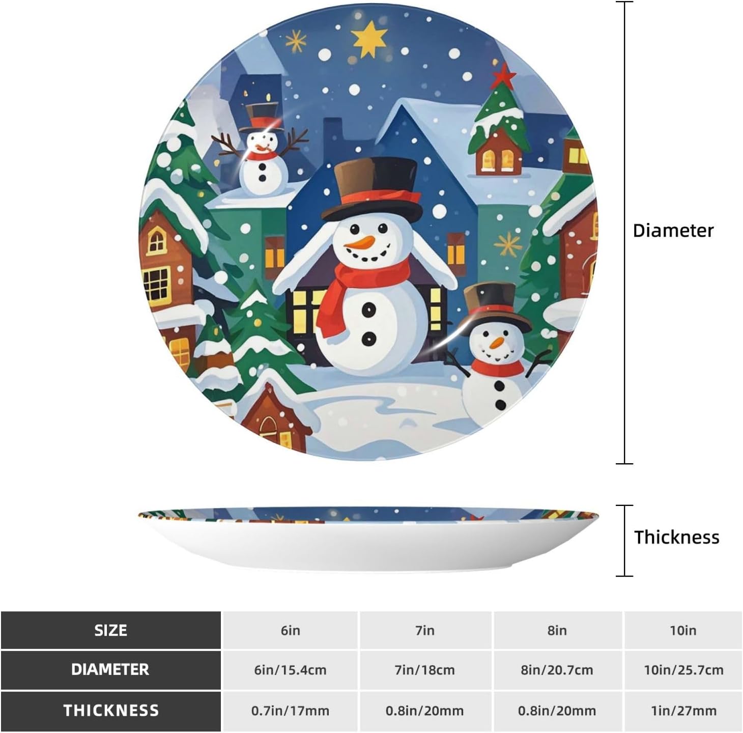 Bone China Decorative Plate with Display Christmas Snowmen and Houses Ceramic Plates Crafts Art Decor Dessert Plate Ceramic Ornament Porcelain Plates for Living Room Kitchen Table Home Decor