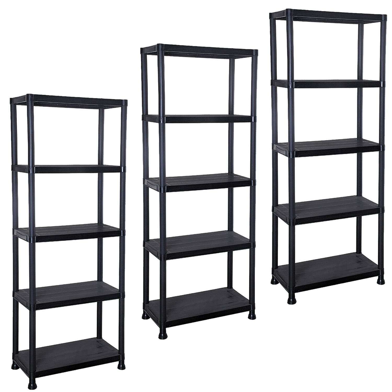 YORKSHIRE HOMEWARE 5 Tier Black Plastic Shelving Units Free Standing Shelves Storage Units, Heavy Duty Storage Shelf Organiser Racks for Kitchen Garage Pantry Living Room Bathroom Office (3 Shelves)