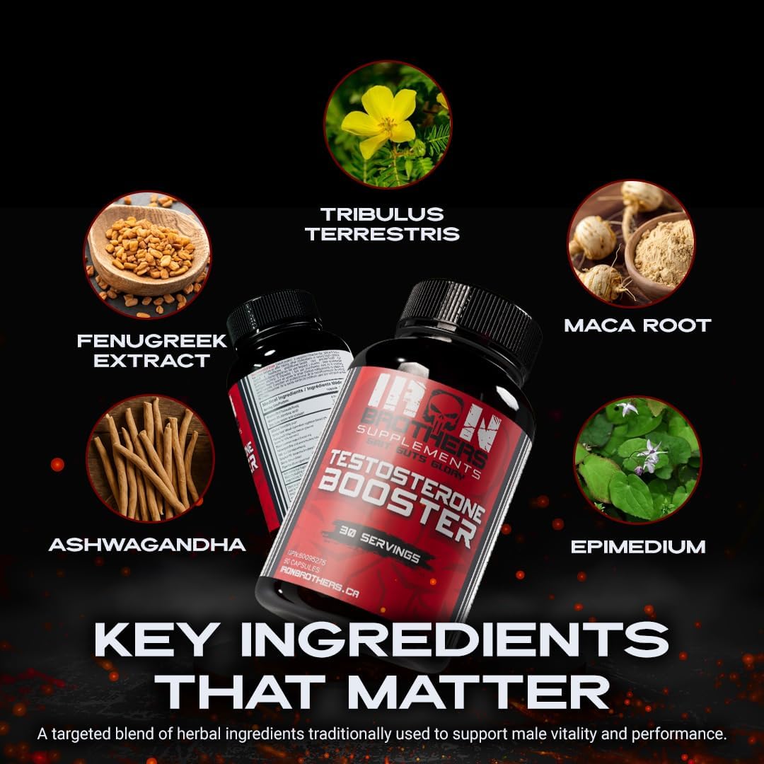 Iron Brothers Men’s Testosterone Support Supplement – Tribulus, Tongkat Ali, Ashwagandha & DIM – Daily Performance & Vitality Formula – with Fenugreek & Zinc – 30 Day Cycle – 90 Capsules