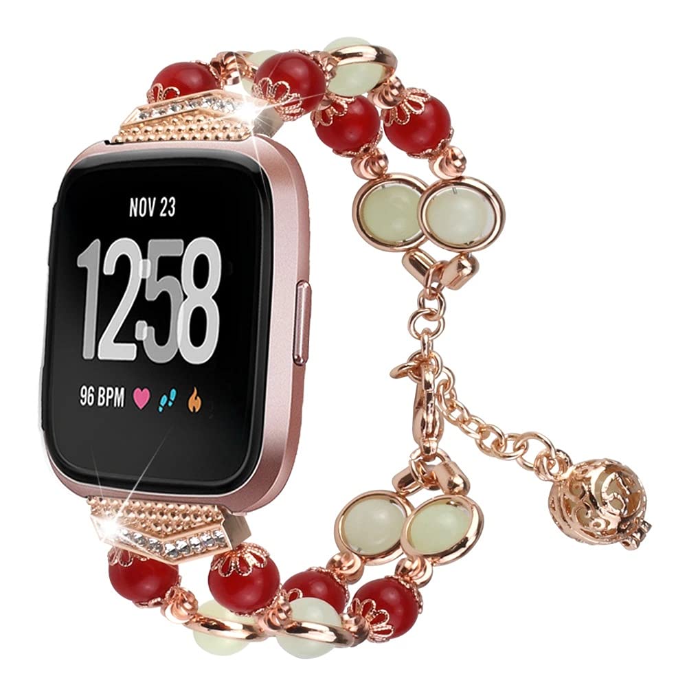 Jennyfly Bracelet Compatible for Fitbit Sense/Versa 3,KangPlus Women Girl Fashion Metal Replacement Wristbands Strap Adjustable 6.2-7.4 inch Bracelet Band - Rose Red