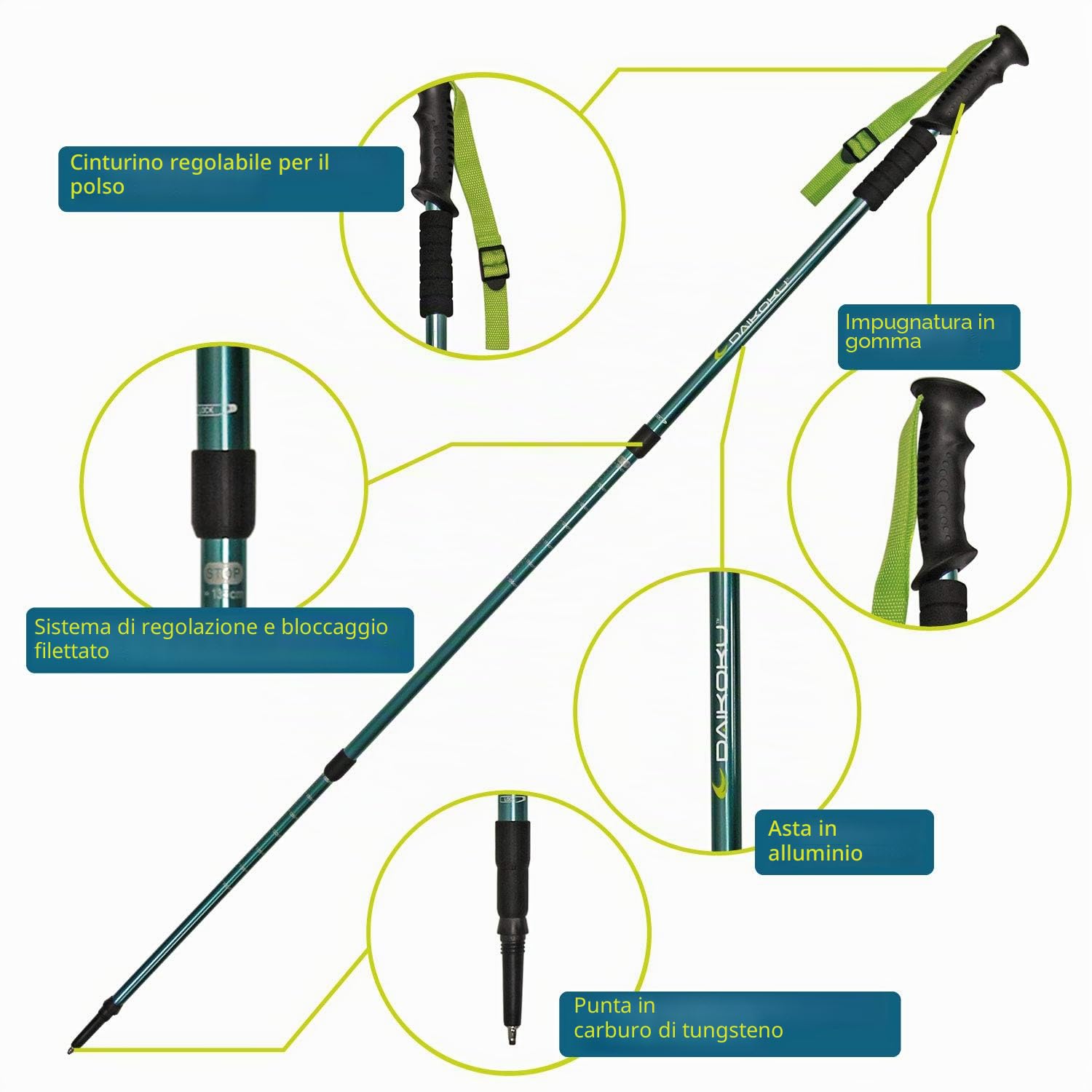 Daikoku - Bastoni da Trekking Estensibili 65-135cm | Leggeri e Resistenti in Alluminio | Impugnatura Ergonomica | Adatti a Tutti i Terreni con 6 Punte e Zaino Trail | Montagna, Trekking e Camminata