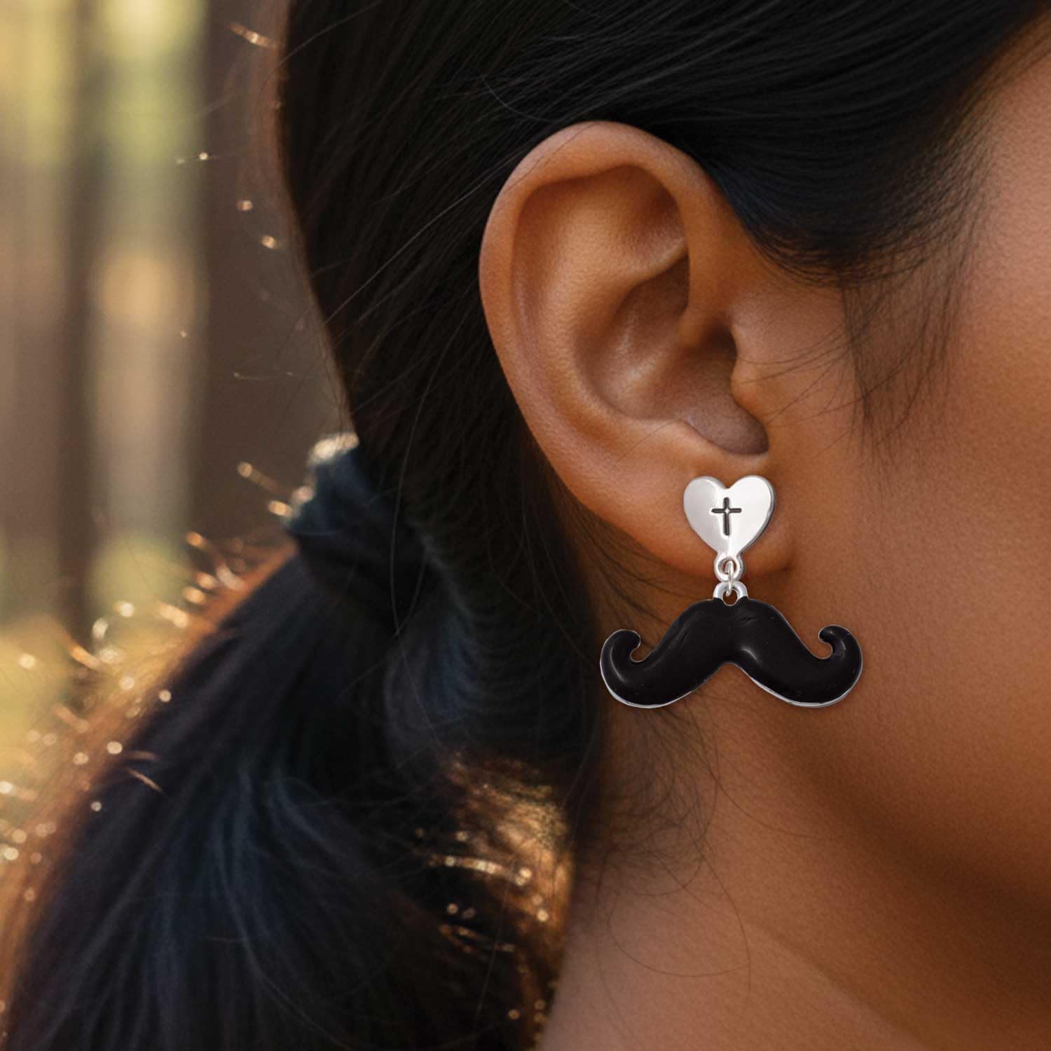 Delight Jewelry Silvertone Large Black Enamel Mustache Cross in Heart Post Dangle Earrings