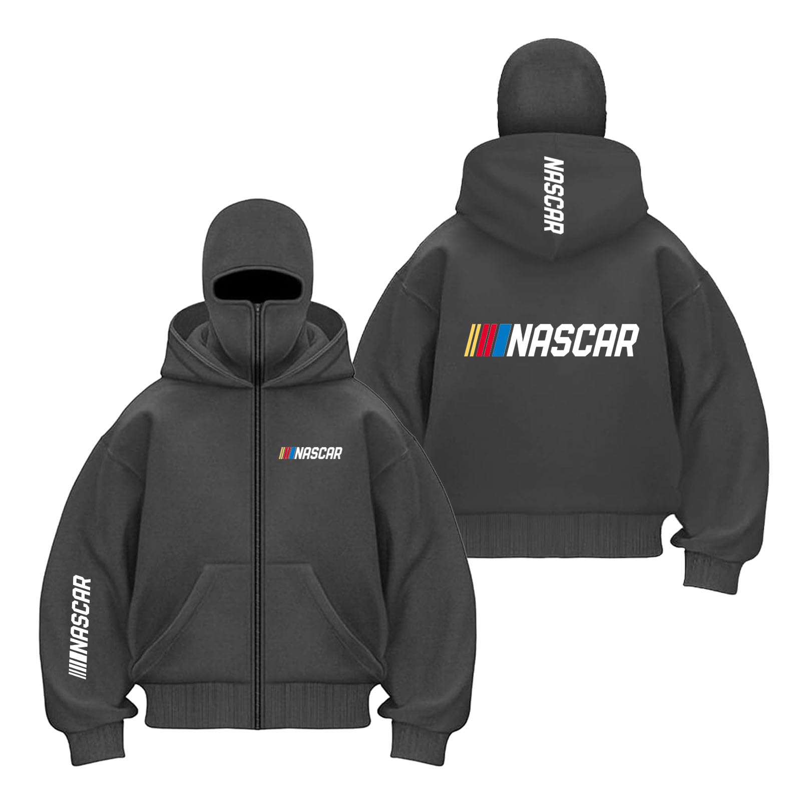 JANZBZSU Mens Zipper Balaclava Hoodies Activewear for N.A.SC.A.R Printing Outwear Tops Windproof Sweatshirts Contrast Color Coat Long Sleeve Hoody Double Hood-HuiS||m