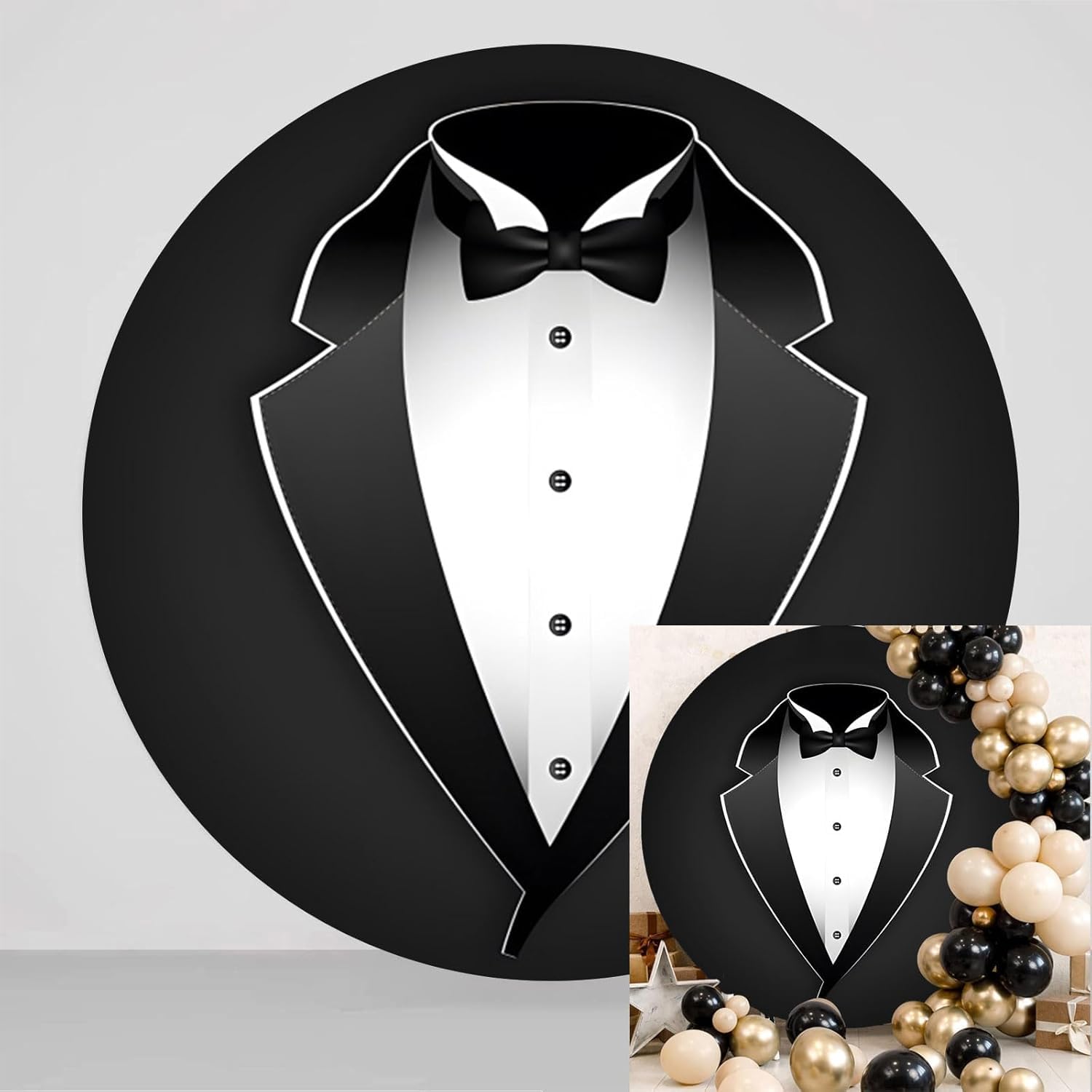 Yeele 6.5ft Round Gentleman Tuxedo Backdrop Cover Black Tuxedo Suit White Bow Tie Circle Background Boy Men Birthday Party Decoration Cake Table